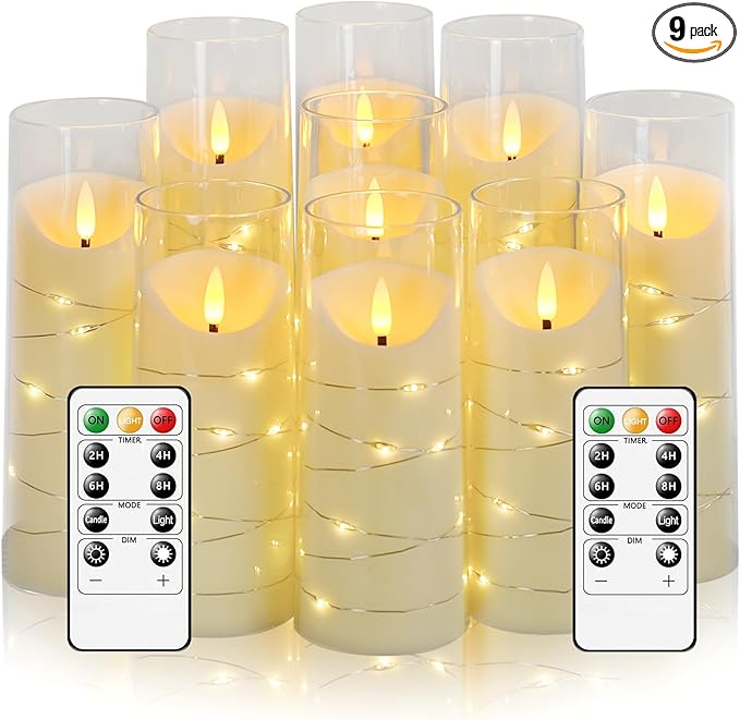 Eebuss Flameless Candles with Embedded Star String, Battery Operated LED Pillar Candles with Timer and Remote Control,Home Decorating for Ambiance， Set of 9 (Ivory)