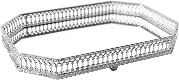 Mirror Tray, Makeup Decorative Storage Mirror Tray, Gold Or Silver Glass Mirror Crystal Vanity Tray, Antique Mirror Serving Tray Round Ornate Jewelry Trinket Organizer Tray for Home Decor(#8)