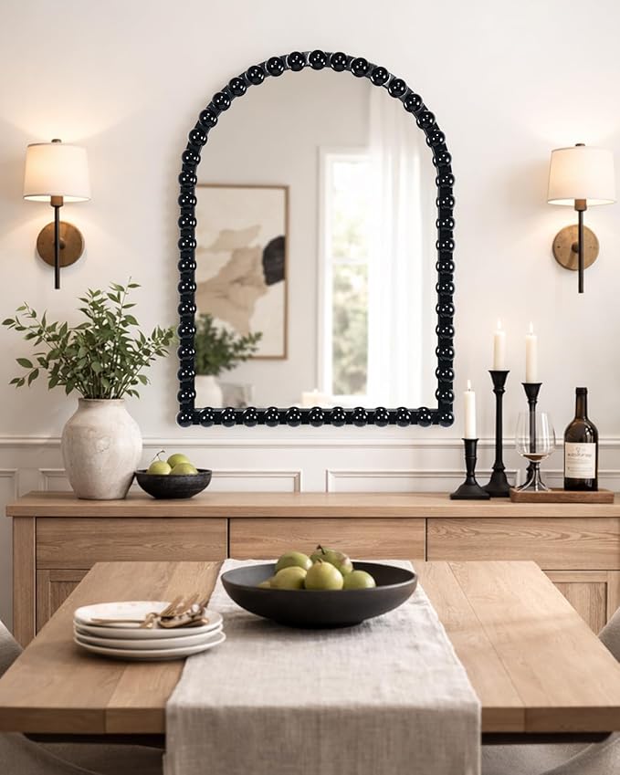 Black Beaded Arched Wall Mirror 22x30 Inch, Vintage Decorative Arch Mirror with Beaded Frame, Accent Mirror for Entryway, Bathroom, Living Room, Bedroom, Fireplace