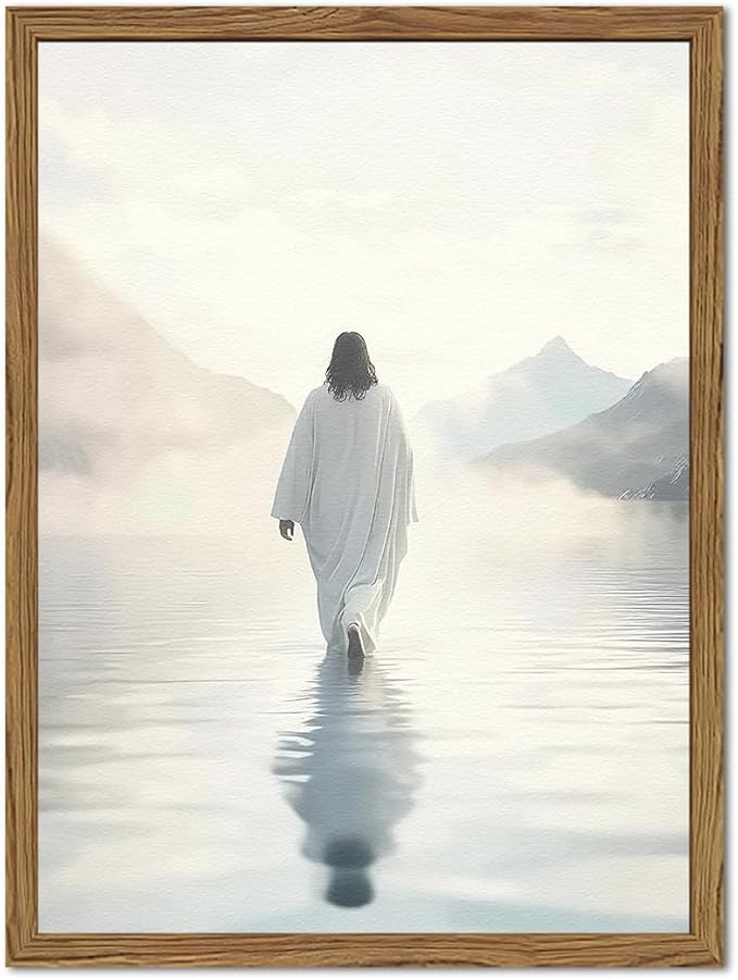 Jesus Walking on Water Wall Art White Jesus Wall Decor Christian Faith Painting 3D Textured Hand Drawn Sandstone Artwork for Living Prayer Room Bedroom 16x24 inch Wood Framed