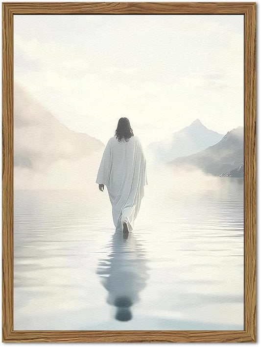 Jesus Walking on Water Wall Art White Jesus Wall Decor Christian Faith Painting 3D Textured Hand Drawn Sandstone Artwork for Living Prayer Room Bedroom 16x24 inch Wood Framed