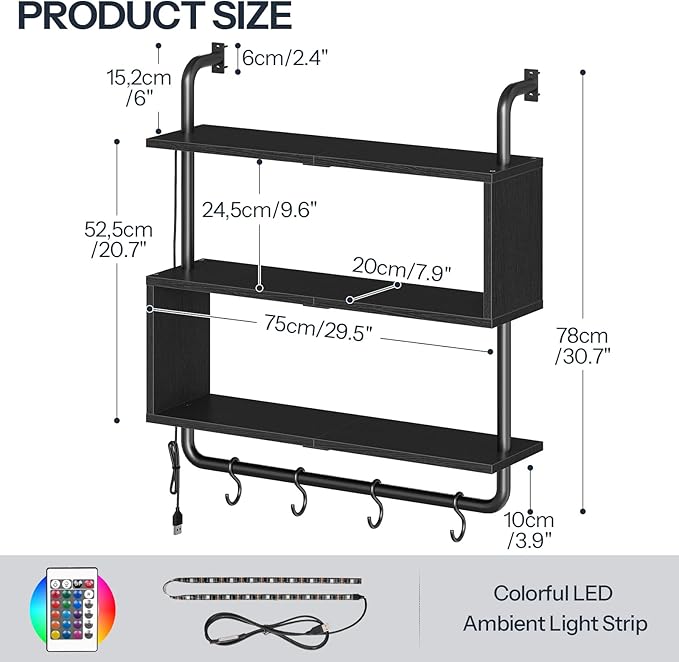 HOOBRO Floating Shelves with LED Lights, 29.5" LED Wall Mounted Gaming Shelf, 3-Tier Pipe Display Rack with Hanging Rod and 4 S-Hooks, for Storage Livingroom, Bedroom, Kitchen, Black BB21DBJ01