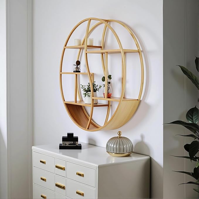 Round Wall Shelf,24 inch Metal Circle Shelf Wood Floating Shelves,Rustic Gold Wall Mounted Display Organizer Shelf for Fireplace,Living Room,Bathroom