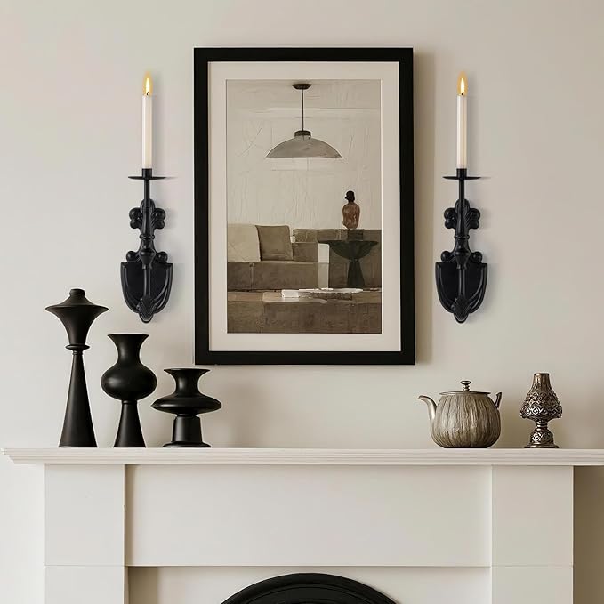 Gothic Wall Sconce Candle Holder for Taper Candles (Set of 2) Black Victorian Wall Decor for Living Room, Bathroom,Dining Room - 14.1 x 4.7 inch
