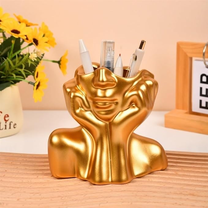 Face Vase – Small Human Body Art Vase in Resin,Women’s Head Shape for Flowers, Makeup Organizer & Desk Decor (Gold)