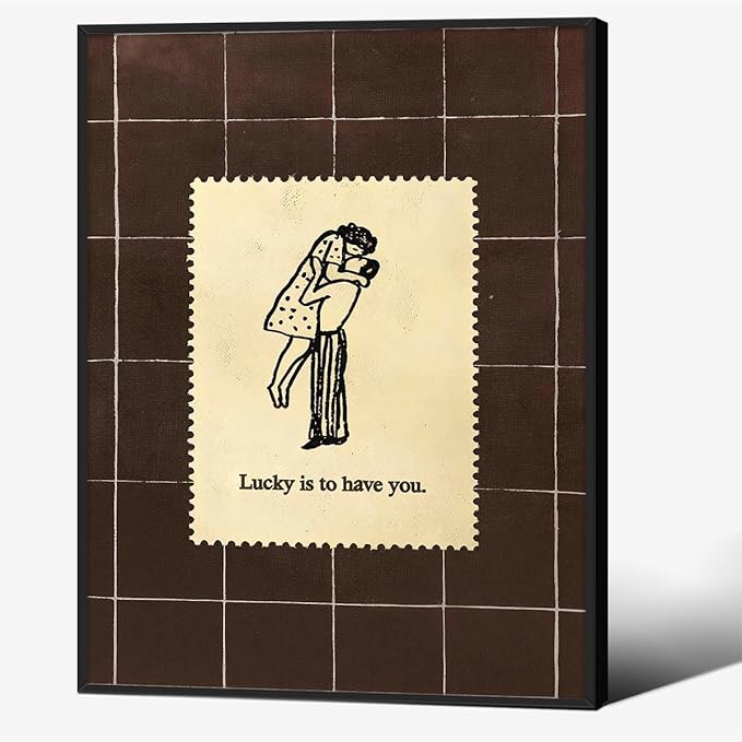 Brown Mid-Century Couples Wall Art Valentine Quotes Lucky Is to Have You Poster 08x10 inch Black Framed Vintage Romantic Anniversary Canvas Prints Modern Love Wall Decor for Bed Living Room