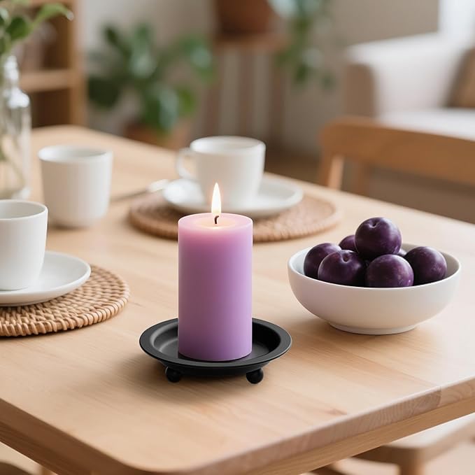 Black Candle Holder Decor, 4.13 Inch Round Candles Tray Holders Set of 4, Iron Plate Candle Stand for Pillar Ball Candles, Metal Porta Velas for Wedding Home Decor Table Centerpiece