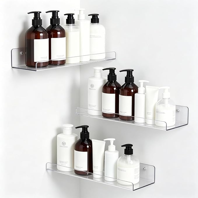 Clear Acrylic Shelves for Bathroom, 15'' Floating Shelves Wall Organizer for Perfume, Skincare, Bookshelf Organizer for Bedroom, Kids Room, Living Room, Room Decor