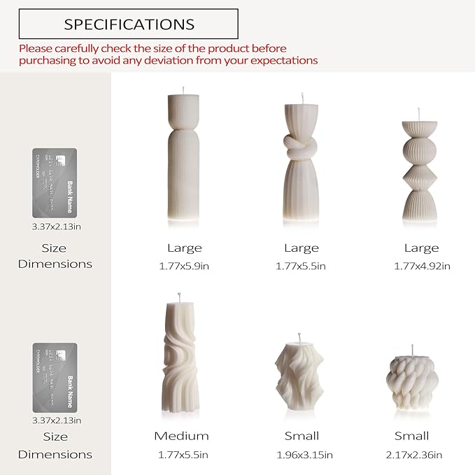 6 Pcs Small Handmade Ribbed Pillar Candle Set, Soy Wax Modern Home Decor for Living Room Bedroom, Aesthetic Table & Shelf Decor, Perfect Housewarming Gift (White, Small)