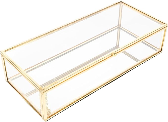 Glass Jewelry Box with Lid 23x10x5.5cm Metal Frame Glass Case Perfume and Cosmetic Organizer for Necklace Ring Storage Desktop Display