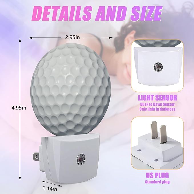 Golf Ball Night Light Sport Ball Night Lights LED Lamp Round Plug into Wall Nightlight with Dusk to Dawn Sensor Home Hallway Stairway Kitchen Decor