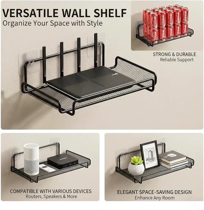 Wall Mount Router Shelf - No Drill WiFi Router & TV Set Top Box Storage Rack | Home Wall Organizer for Bathroom, Office, Living Room