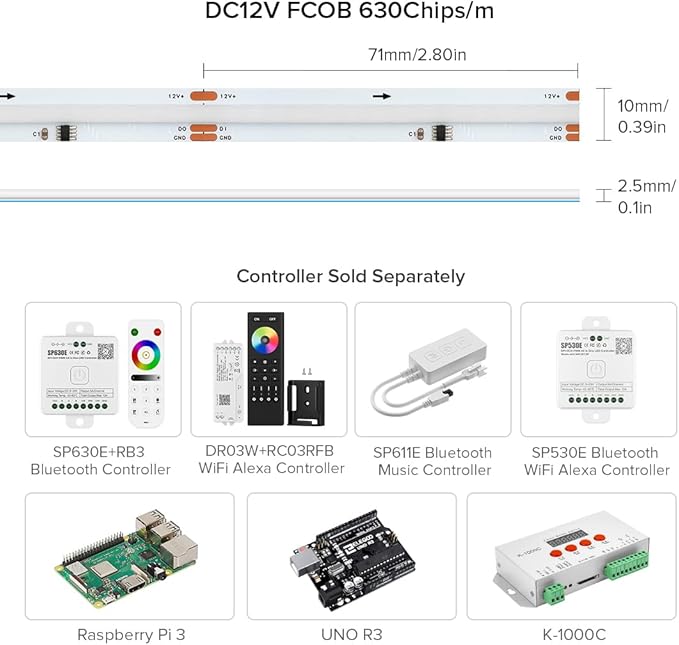 BTF-LIGHTING FCOB WS2811 IC RGB COB LED Strip 16.4FT DC12V 630LED/m Flexible High Density Uniform Chasing Color Light 14IC/m 10mm Width Dream Color for Home Indoor Decor(No Adapter or Controller)