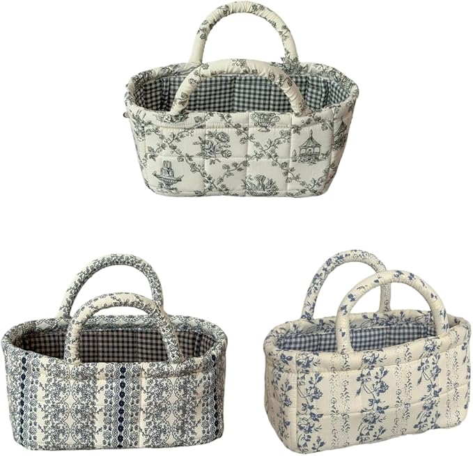 3Pcs Mini Fabric Storage Baskets – Decorative Small Floral Organizer Boxes with Soft Handles, Holds Cosmetics, Jewelry, Socks
