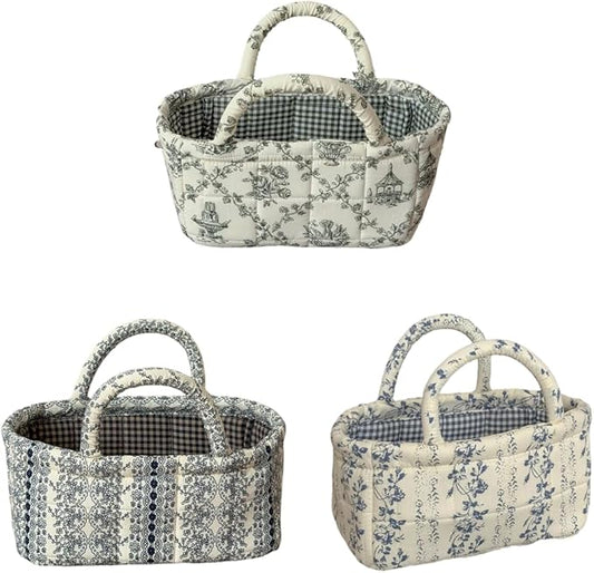 3Pcs Mini Fabric Storage Baskets – Decorative Small Floral Organizer Boxes with Soft Handles, Holds Cosmetics, Jewelry, Socks
