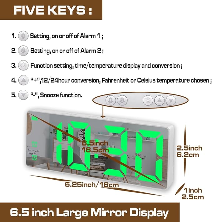 Small Digital Alarm Clock, Mirror Surface LED Electronic Clocks with Large Display, Adjustable Brightness and Snooze Model for Bedroom, Desk, Office, Whitecase Green Digit
