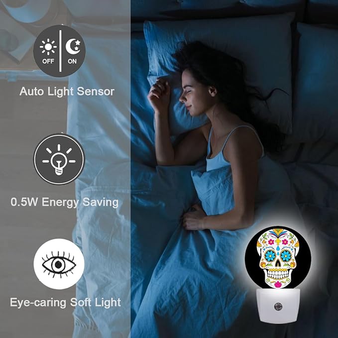 Skull Skeleton Head Halloween Dia De Los Muertos Night Light Plug Into Wall Auto Led Sleep Round Lamp for Living Room Hallway Stairs