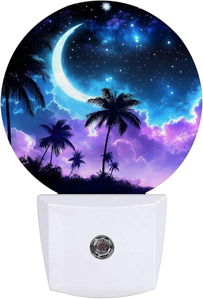 Palm Tree Night Light Purple Blue Night Moon Night Lights LED Lamp Round Plug into Wall Nightlight with Dusk to Dawn Sensor Home Hallway Stairway Kitchen Decor