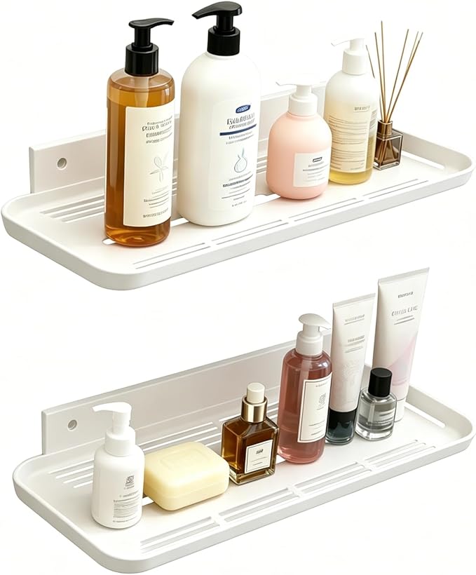Wall Mounted Floating Shelf, Self Adhesive Shelf, No Drill Adhesive Wall Shelf, Floating Shelves Damage-Free Expand Walls Space for Living Room Kitchen Bathroom (2, White)