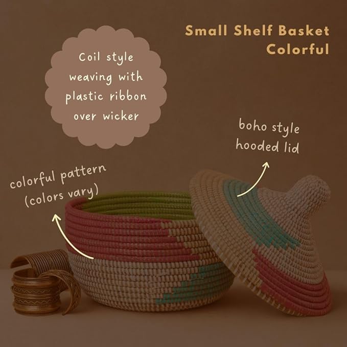 African Basket with Lid, Colorful Pattern, Hood Lid, 10 Inch Wide