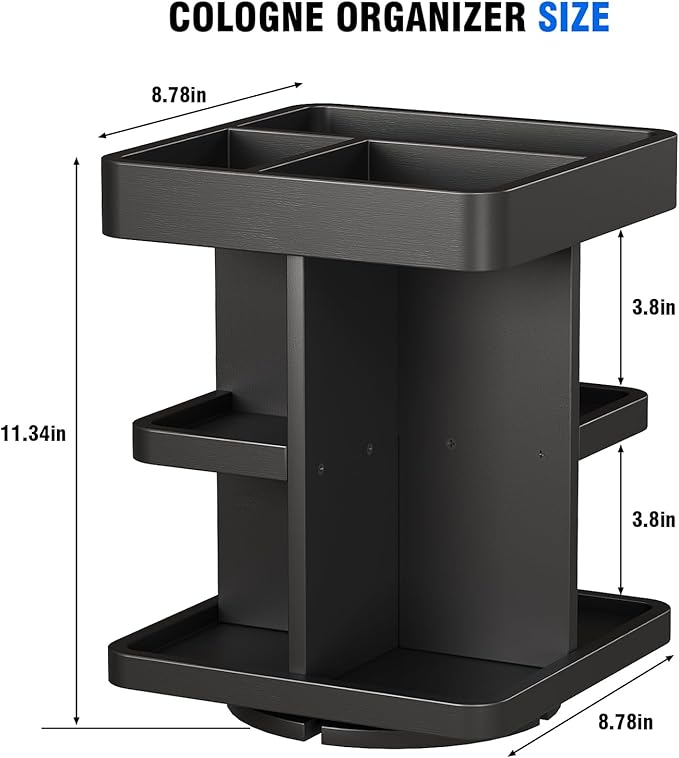 3-Tier Rotating Cologne Organizer for Men, Large-Capacity Wooden Perfume Display Stand for Desk & Nightstand, Rounded Corner Design, Birthday Gift for Men (Black)