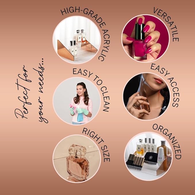 Moosy Life Perfume Organizer, Perfume Stand, Nail Polish Organizer Vanity, Nail Polish Rack, Acrylic Risers Display Stands, Rose Gold Stand