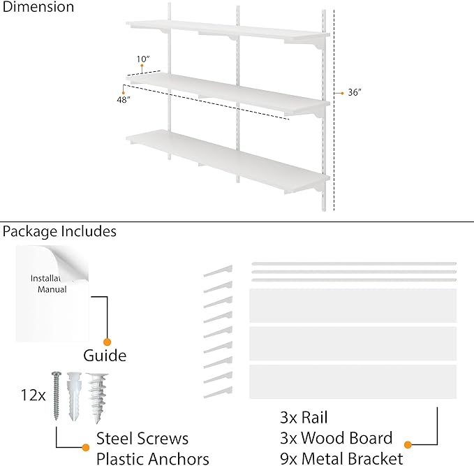 Wallniture Turin 3 pcs 48 inch Long, 10 inch Deep Bookshelf, Height Adjustable Brackets, Ladder Shelf Style Wall Mounting Shelves, 3 Tier, White