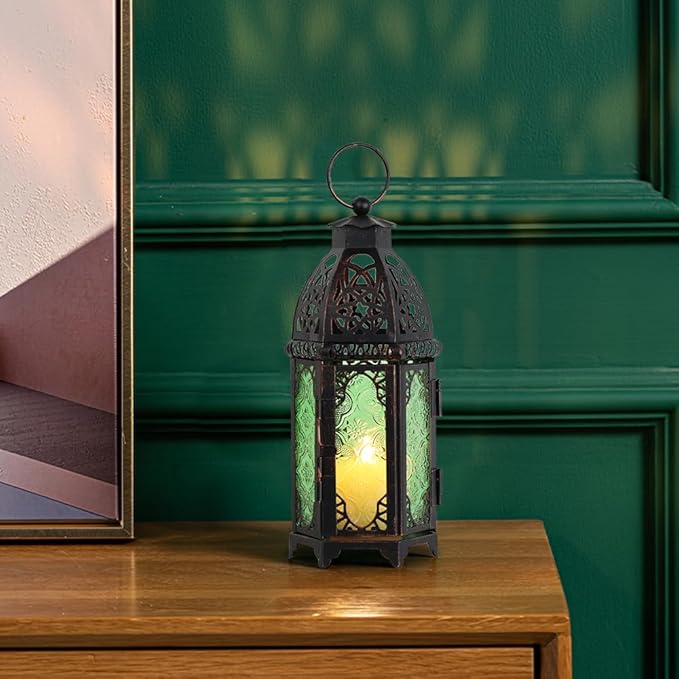 DECORKEY Christmas Decorations for Home, 11’’ Medium Size Vintage Metal Hanging&Tabletop Candle Holder Decor, Halloween Ramadan Decorations for Indoor Outdoor Porch Patio (Green)