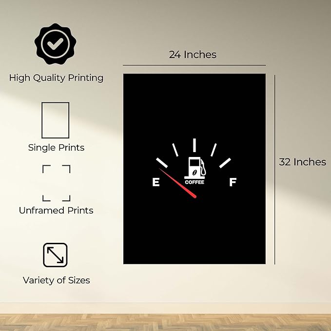 InkFlow Posters Coffee Gauge Poster - Minimal Fuel Meter Illustration - Modern Caffeine Humor Design - Kitchen Office Wall Decor Accent - Fun Graphic Art Print - 24x32 Unframed Canvas Print