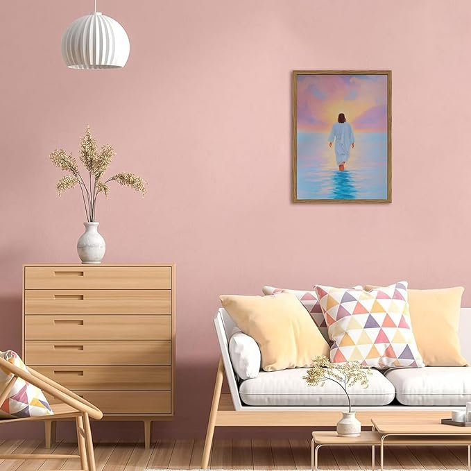 Pink Jesus Walking On Water Wall Art Painting Pink Christian Girl Wall Decor 3D Textured Sandstone Religious Artwork for Living Prayer Room Bedroom 16x24 inch Wood Framed