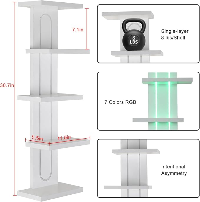 Homaterial 5-Tier Floating Shelves with RGB Remote Control Light, Tall Wall Mounted Bathroom Shelf & Modern Lack Shelf for Home Decor, Space Saving Corner Organizer for Perfume, Plants, Books, White