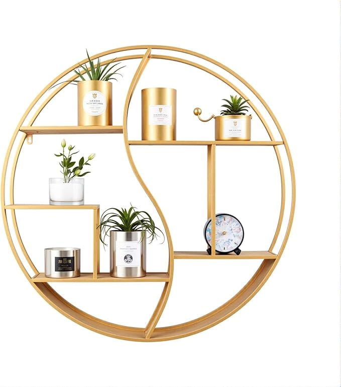 Round Wall Shelf,24 inch Metal Circle Shelf Wood Floating Shelves,Rustic Gold Wall Mounted Display Organizer Shelf for Fireplace,Living Room,Bathroom
