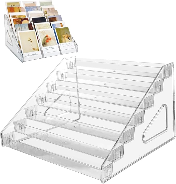 2 Pack 7-Tier Acrylic Card Display Stand, Versatile Sticker Display Rack Holder for Greeting Card Business Brochure Postcard Portable Card Display Shelf for Vendors Craft Trade Shows