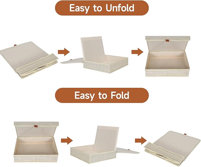 Photo Storage Boxes with Lids, Memory Box for Keepsakes, Picture Organizer Versatile Linen Containers Basket Collapsible Bin for Organizing Home Office, 2 Pack, 14x10.8x2.5 Inch, Beige