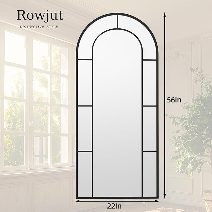 Rowjut Arched Wall Mirror 56" x 22" Window ＆ Wall Decorative Mirror, Iron Framed Window Pane Mirrors, Arched Top Wall Mirror for Entryway Living Room, Bedroom, Fireplace (Black)