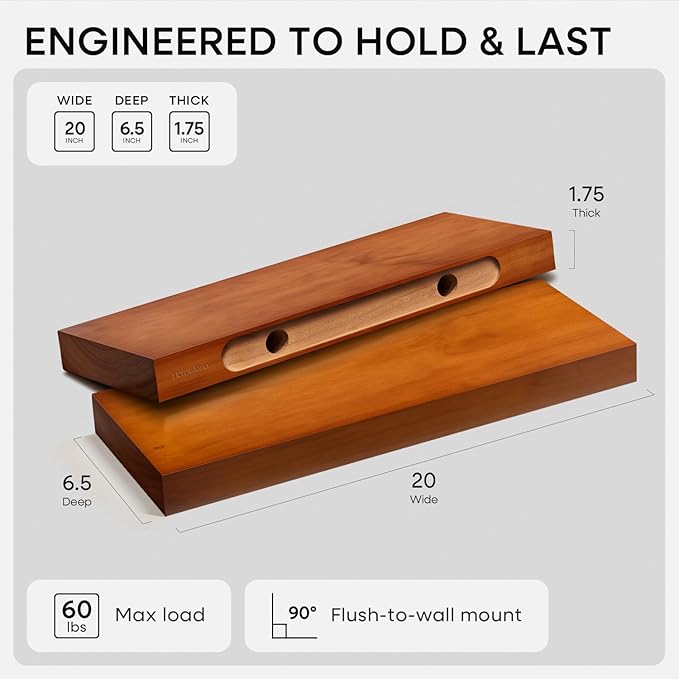 Homeforia 20 inch Floating Shelf Oak, High End Solid Real Wood 20inch Long Floating Shelves for Wall Mounted, Honey Oak Wooden 20in Floating Shelves, Heavy Duty Bracket, 20 X 6.5 X 1.75 inch, Set of 3