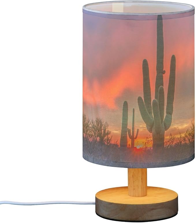 Table Lamp Saguaro Cactus in Sunset Arizona Desert Nightstand Lamp with Wood Base Fabric Lamp Shade Bedside Desk Lamp for Living Room Bedroom Kids Room Office