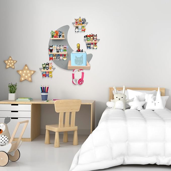Taladad for Toniebox 1 and Toniebox 2 Tonie Shelf Wall Mounted Set,Tonies Figures Tonies Storage,Magnetic Wooden Floating Shelves Compatible with Tonie Box Player Character for Children Room