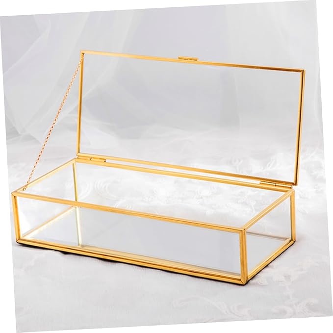 Gold Rim Glass Jewelry Box Desktop Makeup Organizer Geometric Design Ring Necklace Earring Storage Wedding
