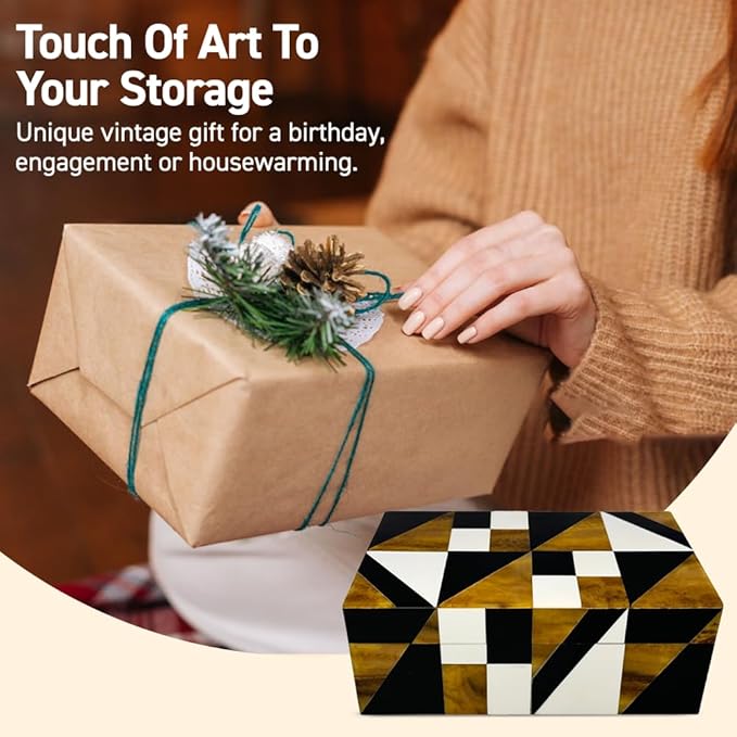 Perilla Home Home Decor Decorative Storage Wooden Box Small Geometric Organizer Tool Stash Card Craft Trinket Memory Keepsake Jewelry Box for Men and Women, Gifts For All, Brown, Black and Off White