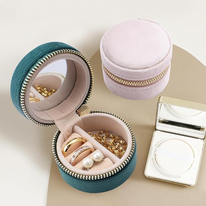 Mini Small Travel Jewelry Case With Mirror - Compact Velvet Organizer Box, Portable Clutch Earrings/Rings/Necklaces Premium Storage, Bridesmaid/Girlfriend Gift for Make up (Pink)