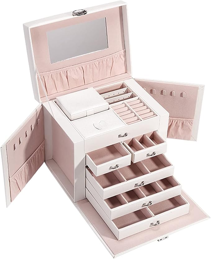 Makeup Organizers PU Leather Travel Jewelry Boxes 6 Tier Jewelry Storage Case with Lock & Mirror Large Capacity Craft containers for Rings, Necklaces, Earrings, Bracelets Jewelry Case ( Color : White