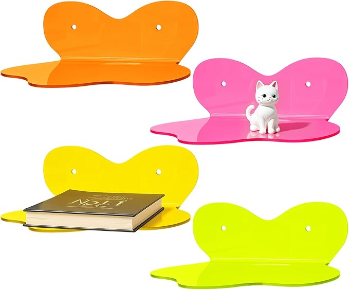 4 Pack Acrylic Shelves for Shelf Acrylic Floating Shelves Wavy Colorful Room Decor Cute Wall Decor for Toy,Makeup,Figure,Nail PolishWall Organizer for Bathroom, Bedroom, Living Room