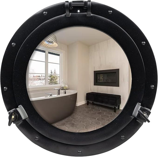 10 Inch Bathroom Wall Decor Ship Porthole Mirror with Black Finish – Vintage Round Wall Mounted Mirror for Bathroom Vanity, Nautical Pirate Coastal Vintage Home Décor