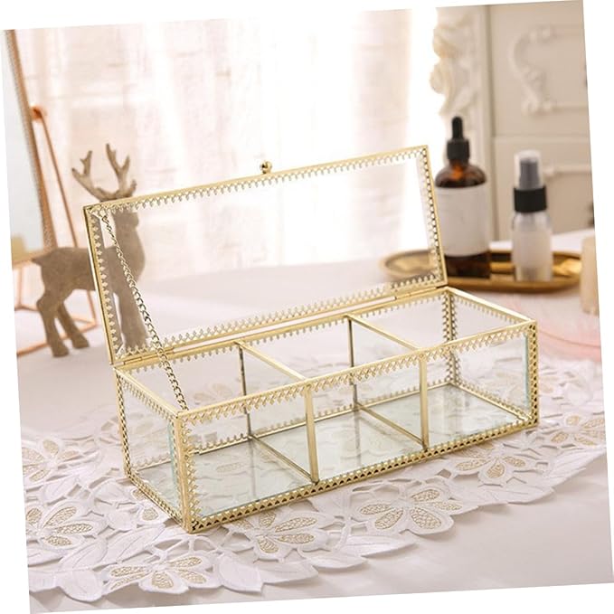 POPETPOP Glass Jewelry Box with Metal Frame Compartments Makeup Organizer and Desk Storage Dustproof Vanity Organizer for Rings Earrings Necklaces Bracelets Watches and Cosmetics