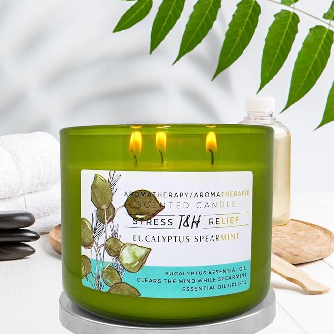 Eucalyptus Spearmint Scented Candle | 15.8 oz Large 3 Wick Soy Candle | Soothing Aromatherapy Candle for Home | Fresh Spa Scent | Long Lasting Clean Burn | Relaxation & Yoga Gift for Women & Men