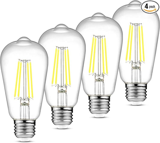Ascher Vintage LED Edison Bulbs, 6W, Equivalent 60W, Non-Dimmable, Daylight 5000K, 700Lumens, ST58 Antique LED Filament Bulbs with 80+ CRI, E26 Medium Base, Clear Glass, Pack of 4