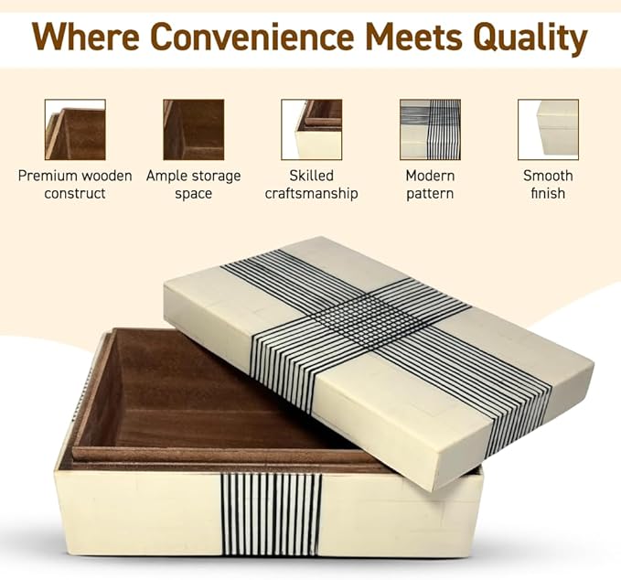 Perilla Home ﻿Home Decor Decorative Storage Wooden Box Small Wooden Organizer Tool Stash Card Craft Trinket Memory Keepsake Jewelry Box for Men and Women, Thin Line, Gifts For All Black & Off White