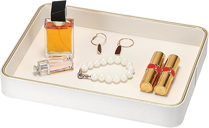 Hipiwe PU Leather Jewelry Tray Bedside Organizer Holder Perfume Vanity Tray for Jewelry Earrings Trinket Dish Skincare Organizing Tray, 11.3" x 8.3" x 1.5"