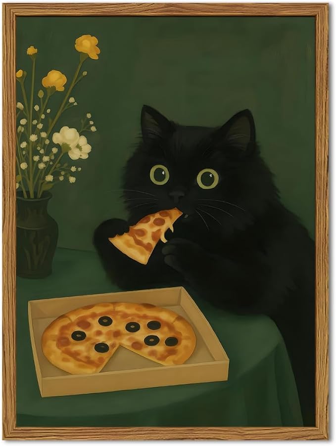 Funny Black Cat Wall Art Whimsical Black Cat Eating Pizza Wall Decor Cute Animal Dark Green Kitchen Poster Canvas Prints for Bedroom Living Dining Room 12x16 inch Wood Framed